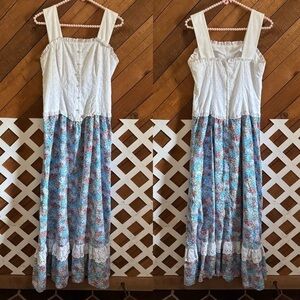 Vintage style cottagecore strawberry floral and eyelet lace maxi dress